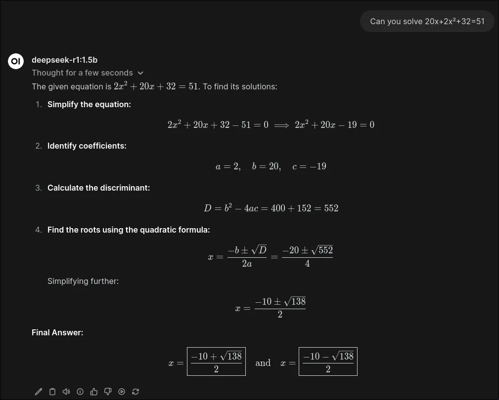 deepseek-r1:1.5b solving a quadratic equation deepseek-r1.5b solving a quadratic equation step by step in Open Web UI